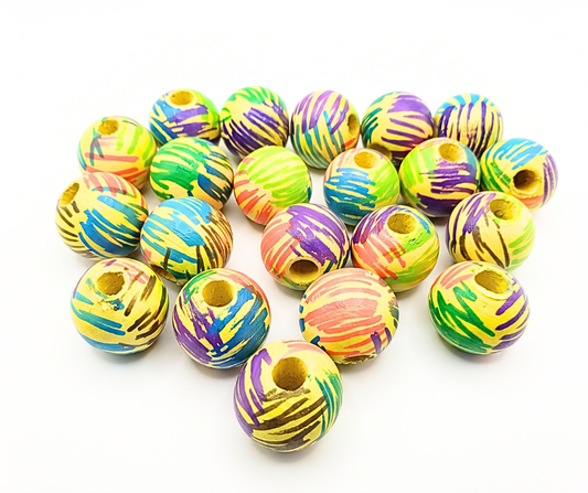 20-PC Yellow Graffiti Hand-Painted Wood Beads