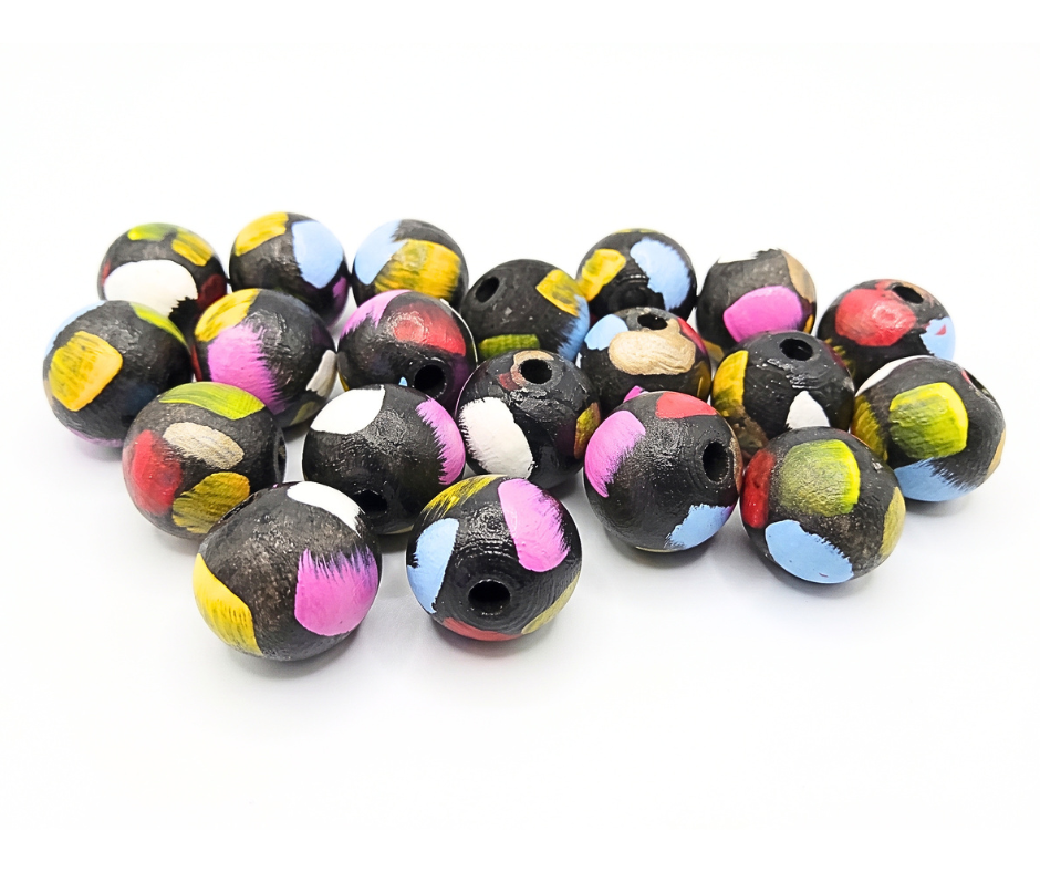 20-PC Black & Multicolor Hand-Painted Wood Beads