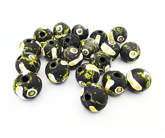 20-PC Black, White & Yellow Hand-Painted Wood Beads