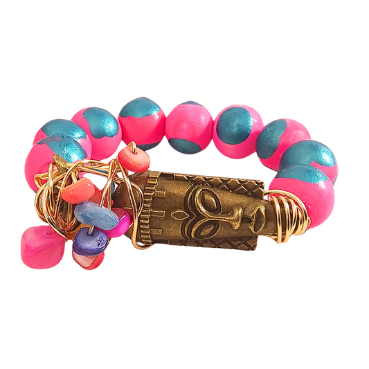 Fuchsia & Teal Bohemian Mask Stretch Bracelet