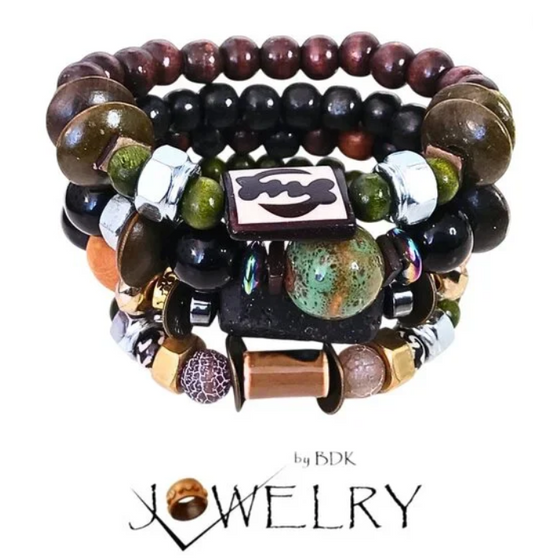 Men's Adinkra Symbol Black Lava Layered Bracelet Set