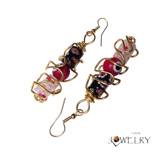 Handmade Wire Wrapped Black/Reds Boho Dangle Earrings