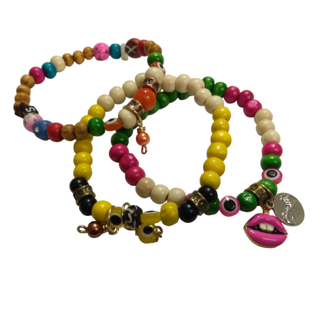 Pink Lips & Evil Eyes Boho Bracelet Set