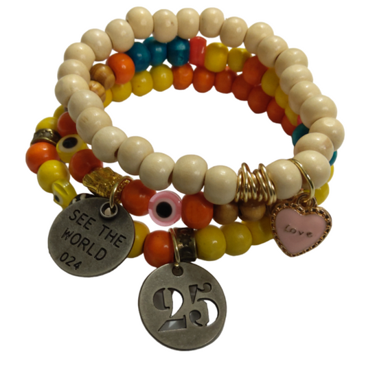 "See The World" Beaded Charm Boho Stretch Bracelet Set