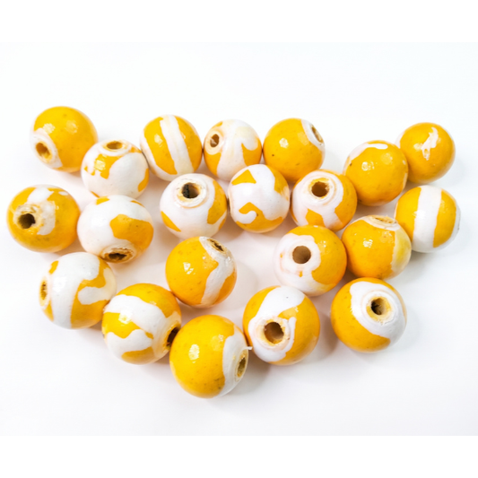 20-PC Aricot & White Hand-Painted Wood Beads