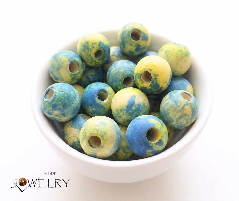 20-PC Yellow & Blue Hand-Painted Tie Dye Wood Beads