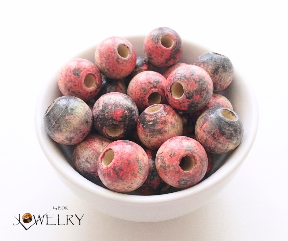 20-PC Black & Red Distressed Hand-Painted Wood Beads