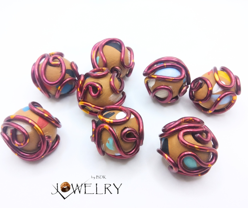 4-PC Wire Wrapped Hand-Painted Wood Beads