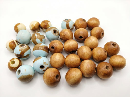 30-PC Mixture Brown, Baby Blue & Cream Hand-Painted Wood Beads