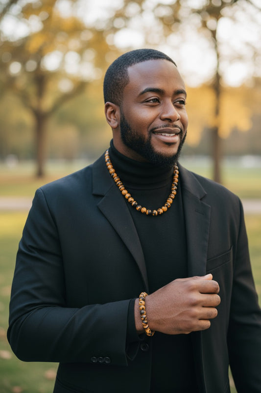 Handcrafted 30-Inch Black and Amber Beaded Men’s Necklace